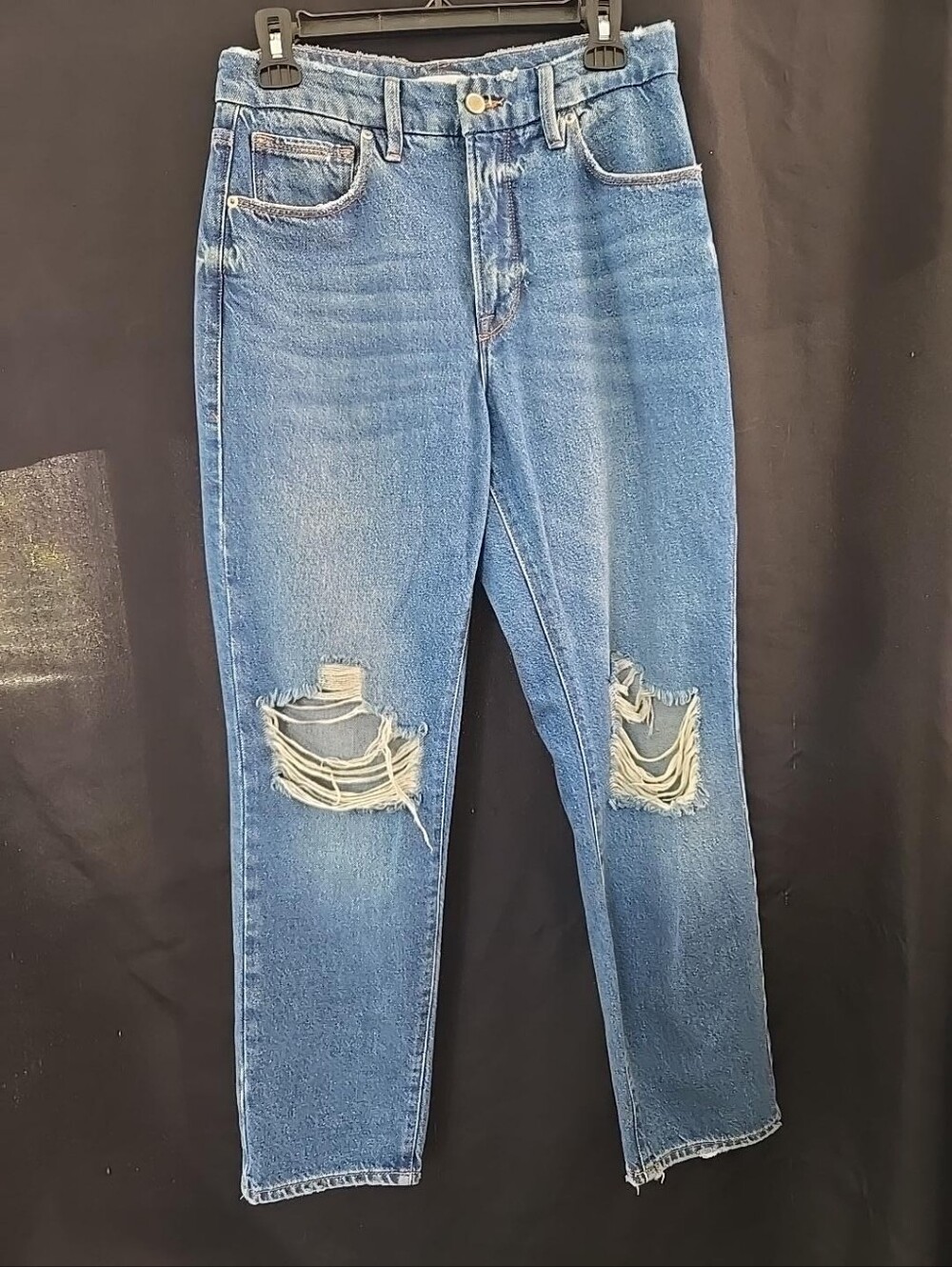 Good American Distressed High Rise Straight Jeans 4/27 Blue Ripped Knees